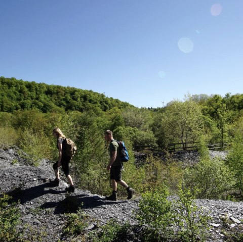 Zwei Wanderer mit Rucksäcken durchqueren eine grüne, bewaldete Schieferlandschaft unter strahlend blauem Himmel., © Laura Rinneburger Zwei Wanderer mit Rucksäcken durchqueren eine grüne, bewaldete Schieferlandschaft unter strahlend blauem Himmel., © Laura Rinneburger