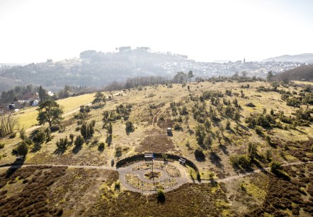 Blick auf eine hügelige Landschaft mit Bäumen und einem kleinen Labyrinth am Wanderweg Traumpfad Wacholderweg., © Eifel Tourismus GmbH, D. Ketz Blick auf eine hügelige Landschaft mit Bäumen und einem kleinen Labyrinth am Wanderweg Traumpfad Wacholderweg., © Eifel Tourismus GmbH, D. Ketz
