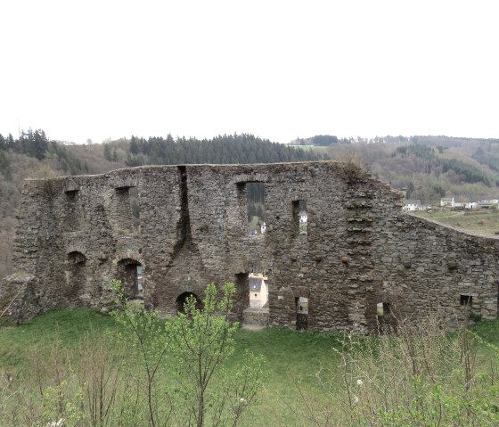 Die Ruine der Burg Virneburg erhebt sich vor einer bewaldeten Hügellandschaft. Die Steinmauern sind teilweise erhalten., © Svenja Schulze-Entrup Die Ruine der Burg Virneburg erhebt sich vor einer bewaldeten Hügellandschaft. Die Steinmauern sind teilweise erhalten., © Svenja Schulze-Entrup