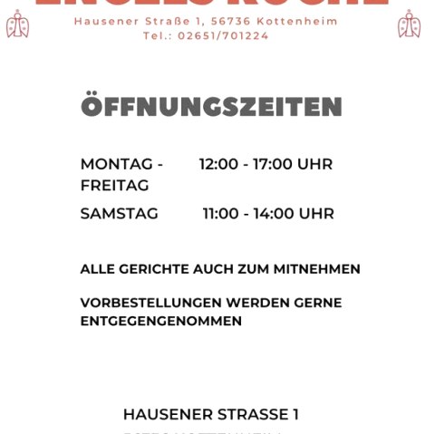 Öffnungszeiten Engels Küche, © Foto: Engels Küche, Quelle: Touristik-Büro Vordereifel Öffnungszeiten Engels Küche, © Foto: Engels Küche, Quelle: Touristik-Büro Vordereifel