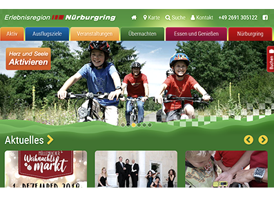 In der Erlebnisregion Nürburgring in der Eifel können Sie vielfältige Aktivitäten kombinieren: Radfahren, Wandern, NordicWalking, Motorsport, Naturerlebnis und vieles mehr!, © Erlebnisregion Nürburgring Übersicht über die Startseite der Erlebnisregion Nürburgring