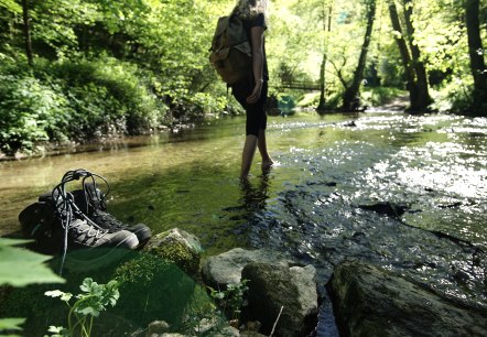 Eine kurze Abkühlung auf dem Schieferwanderweg bei Kehrig bietet er Elzbach., © Touristik-Büro Vordereifel /Laura Rinneburger Eine kurze Abkühlung auf dem Schieferwanderweg bei Kehrig bietet er Elzbach.