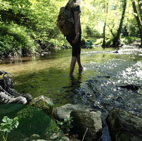 Eine kurze Abkühlung auf dem Schieferwanderweg bei Kehrig bietet er Elzbach., © Touristik-Büro Vordereifel /Laura Rinneburger Eine kurze Abkühlung auf dem Schieferwanderweg bei Kehrig bietet er Elzbach.