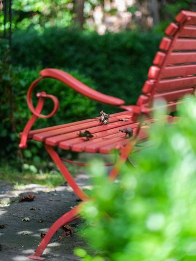 A red garden bench stands in a green environment. Some leaves are lying on the seat.