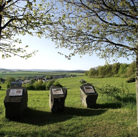Vulkanparkinfotafeln mit Blick auf Boos, © Foto: Laura Rinneburger, Quelle: Touristik-Büro Vordereifel