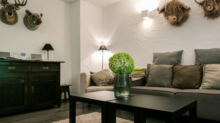 A modern living room with a cozy sofa and a black table. Animal heads hang on the wall, and a green plant in a vase adds color to the room.