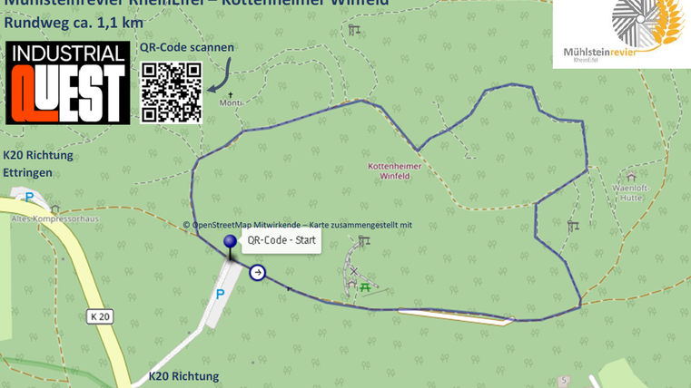 Eine Karte des Mühlsteinreviers RheinEifel, die den Rundweg von etwa 1,1 km um das Kottenheimer Winfeld zeigt. Der QR-Code kann gescannt werden, um weitere Informationen zu erhalten.