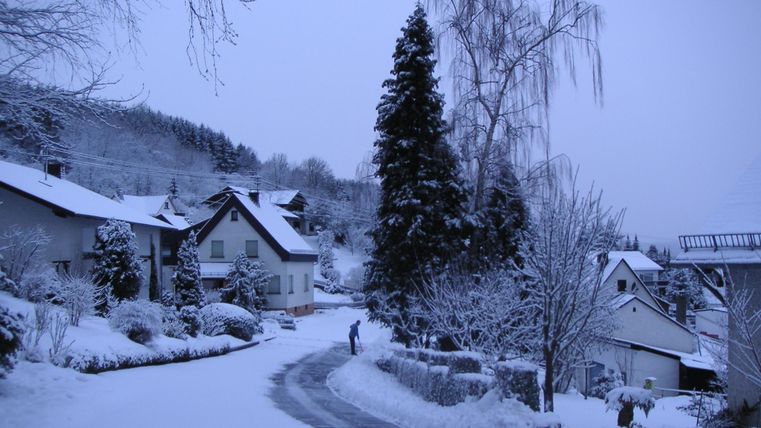 A snowy landscape with houses and trees. The sky is gray, and a quiet road leads through the winter scenery.