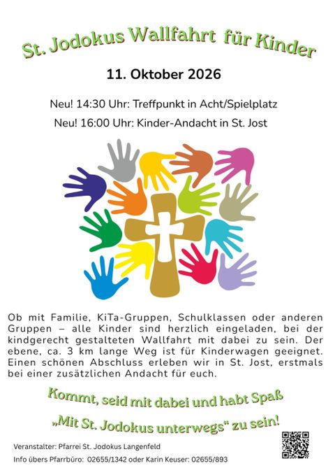 Ein buntes Plakat zur St. Jodokus Wallfahrt für Kinder mit vielen Händen und einem Kreuz in der Mitte. Es enthält Informationen über den Treffpunkt und die Veranstaltungen am 11. Oktober 2026.