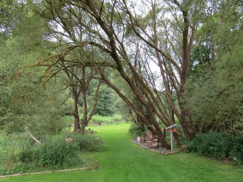 Ein ruhiger Garten mit großen, schattenspendenden Bäumen. Auf der Wiese stehen einige Gartenmöbel und eine Vogelstation.