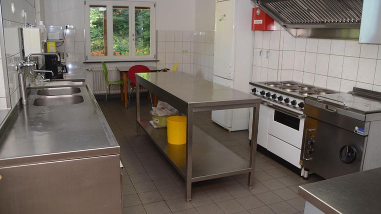 Eine moderne Küche mit Edelstahloberflächen und einem großen Tisch in der Mitte. Neben dem Herd stehen Küchengeräte und es gibt Fenster mit Blick ins Grüne.