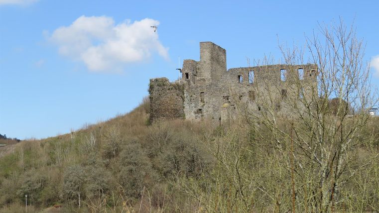 An old burruine on a hill, surrounded by trees and shrubs. A clear blue sky with some clouds in the background.
