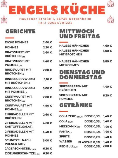 A menu from "Engel's Kitchen" featuring various dishes and drinks. The food includes fries, sausages, and chicken at affordable prices.