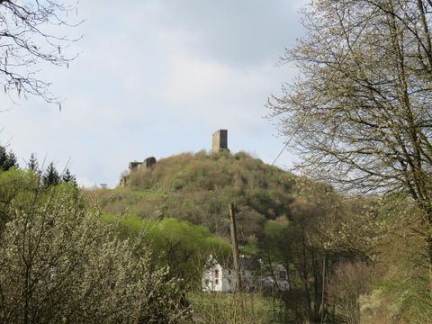 Eine alte Burgruine auf einem bewaldeten Hügel. Im Vordergrund ist ein einfaches Haus und die Landschaft ist grün.