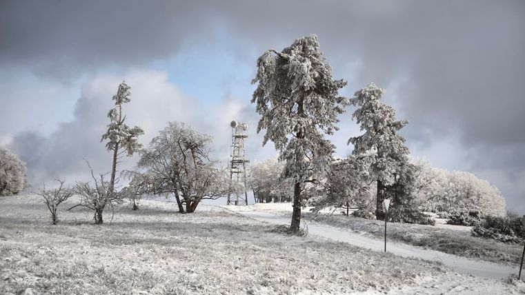 Eine verschneite Landschaft mit schneebedeckten Bäumen und einem Aussichtsturm im Hintergrund. Der Himmel ist teilweise bewölkt und verleiht der Szene eine ruhige Stimmung.