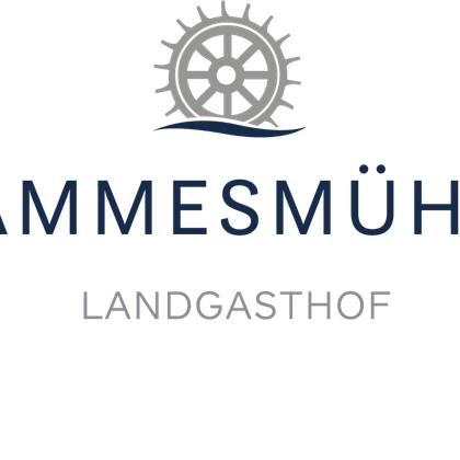 Un logo de l'auberge de campagne Hammesmühle avec une roue de gouvernail et un motif de vagues. La police est claire et moderne.