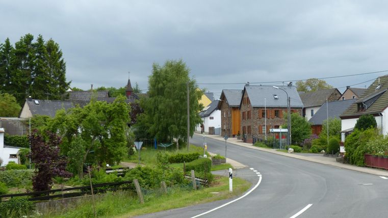 A quiet village street surrounded by green trees and houses. The sky is cloudy and the atmosphere is peaceful.