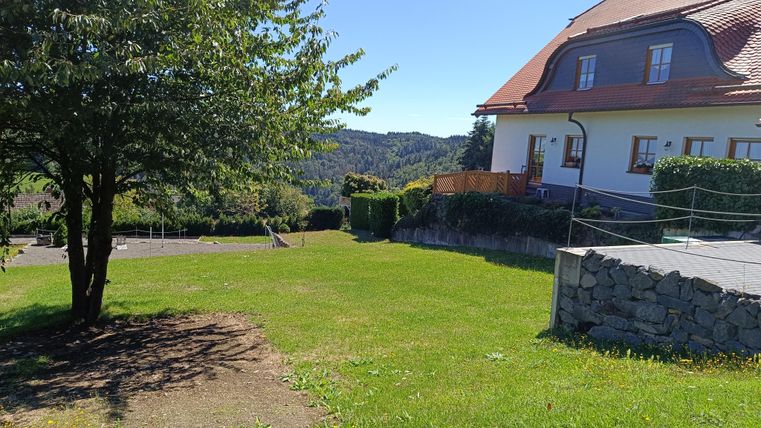 Ein ruhiger Garten mit einem großen Rasen und einem Baum. Im Hintergrund ist ein Haus und die Berge sind sichtbar.