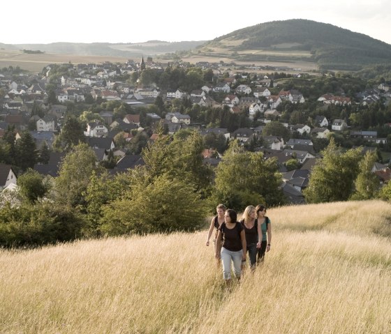 Vier Personen wandern durch ein goldenes Feld mit Blick auf das Dorf Ettringen und umliegende H&uuml;gel., &copy; Traumpfade/Kappest