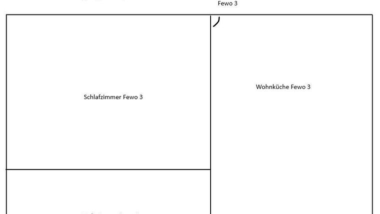 Eine schematische Darstellung einer Ferienwohnung mit verschiedenen Bereichen. Die Bereiche sind Schlafzimmer, Badezimmer und Wohnküche.