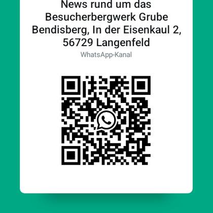 Ein QR-Code für den WhatsApp-Kanal des Besucherbergwerks Grube Bendisberg. Scanne den Code, um Neuigkeiten zu abonnieren.