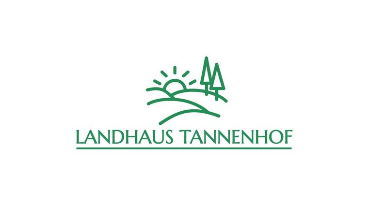 A logo for the Tannenhof country house. It features a stylized landscape with sun and trees in green color.