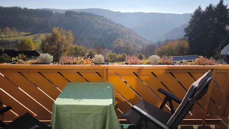 Ein Balkon mit einem Tisch und zwei Stühlen, umgeben von einer malerischen Landschaft. Im Hintergrund sind Hügel und Bäume unter einem klaren Himmel zu sehen.
