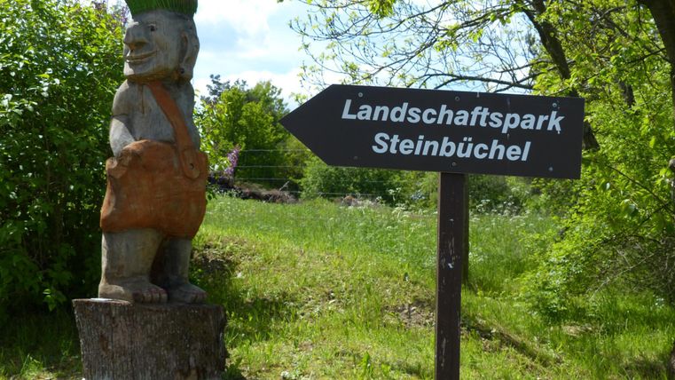 Eine Holzfigur eines Zwerges steht neben einem Schild, das auf den Landschaftspark Steinbüchel weist. Der Park ist von grünem Gras und Bäumen umgeben.