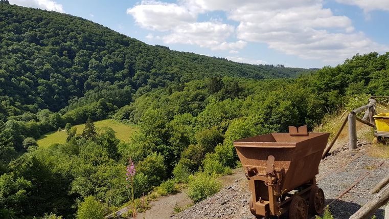 Ein ruhiger Landschaftsausblick mit grünen Hügeln und Bäumen. Im Vordergrund steht ein alter Schienenwagen.