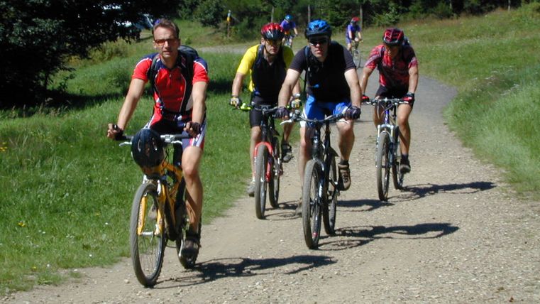 Gruppe von Mountainbikern auf einem Schotterweg im Grünen.