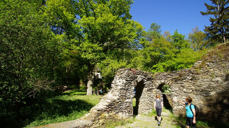 Zwei Personen erkunden die Ruinen der Klosterruine Mädburg bei Kehrig, umgeben von grünen Bäumen und blauem Himmel.