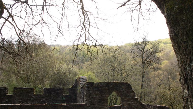 An old wall with an archway, surrounded by trees. In the background, green hills are visible.