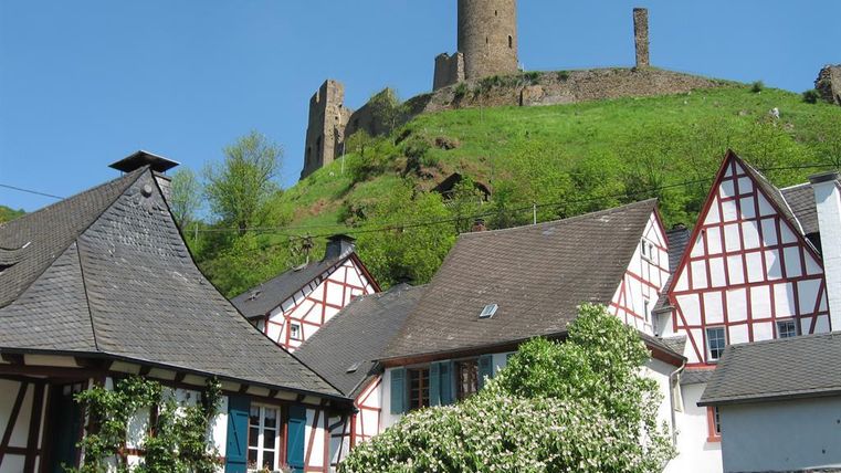 An old castle sits atop a hill above traditional half-timbered houses. The sky is clear and the landscape is green and inviting.