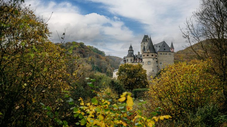 Ein malerisches Schloss umgeben von bunten Herbstbäumen. Der Himmel ist bewölkt und das Landschaftsbild ist ruhig und einladend.