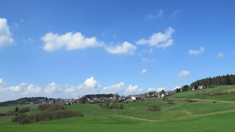 A green landscape with gentle hills and a small village in the background. The sky is blue with some white clouds.