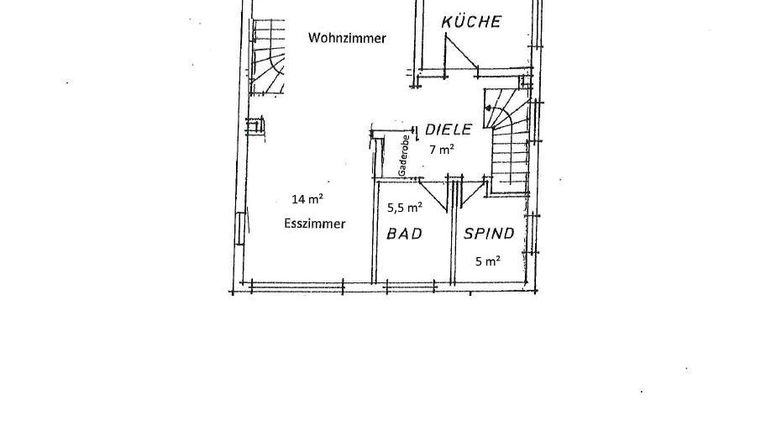 Eine Übersicht eines Obergeschosses mit verschiedenen Räumen. Zu sehen sind das Wohnzimmer, die Küche, das Esszimmer, das Bad, die Diele und ein Abstellraum.