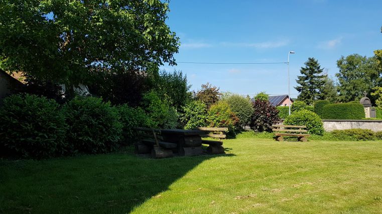 Ein ruhiger Garten mit grünem Rasen und Bänken. Bäume und Sträucher umgeben den Bereich unter einem klaren blauen Himmel.