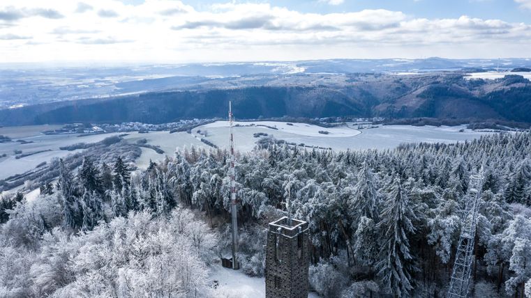 Ein schneebedeckter Wald mit einem Turm im Vordergrund. Im Hintergrund erstreckt sich eine winterliche Landschaft mit einem klaren Himmel.