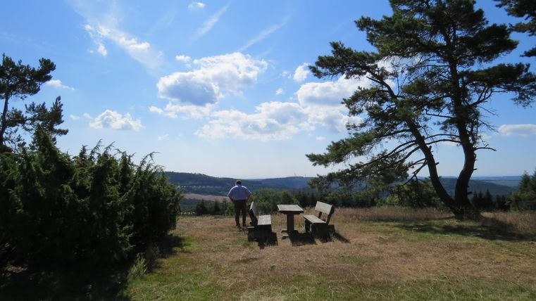 A picturesque view of a landscape with a table and benches. In the background, there are trees and a clear blue sky.