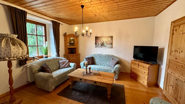 Ein gemütliches Wohnzimmer mit Holzdecke, einem Tisch und bequemen Sofas. Zur Ausstattung gehören ein Fernseher und eine Stehlampe.