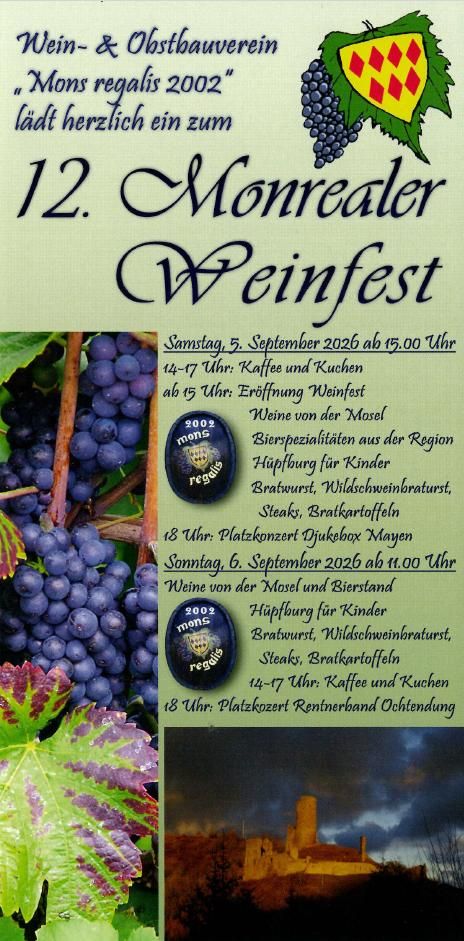 Ein Plakat für das 11. Monrealer Weinfest mit Trauben und Weinblättern im Hintergrund. Das Fest findet am 17. September statt und bietet verschiedene Aktivitäten und köstlichen Wein.