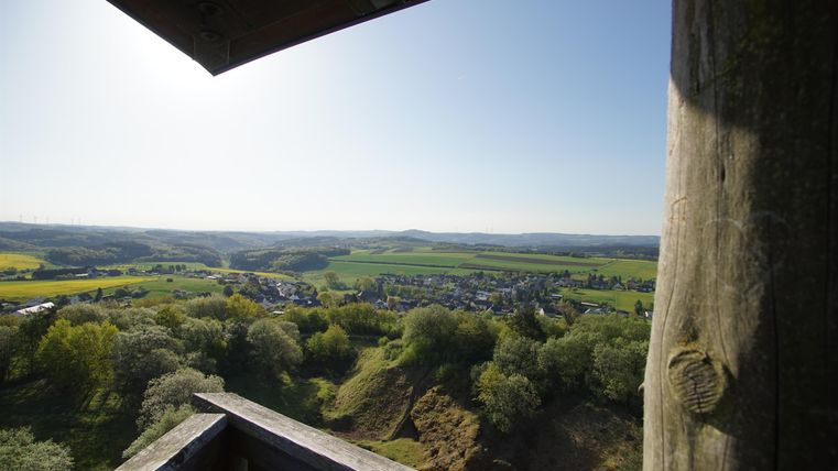 Die Aussicht von einem Aussichtsturm auf eine grüne Landschaft. Sanfte Hügel und ein klarer Himmel prägen die Szenerie.