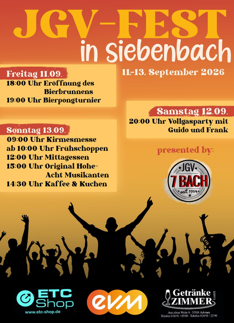 An event announcement for the Kirmes and JGV festival in Siebenbach from September 6 to 8, 2024. The program points are well-structured, including a beer tournament and live music.