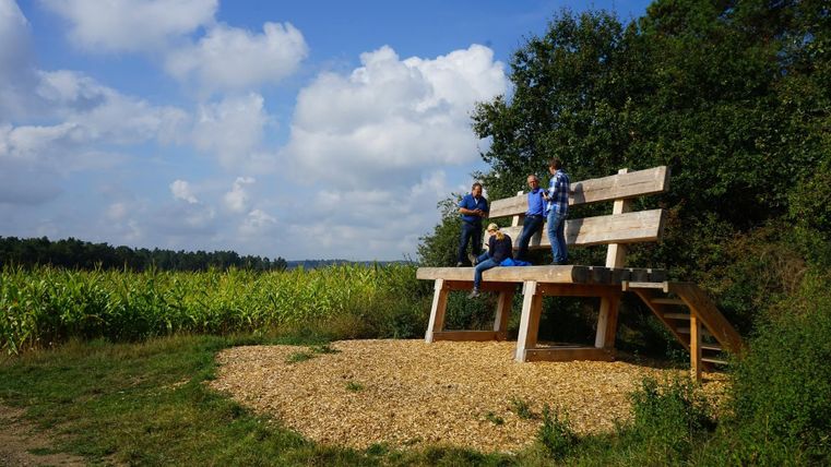 Eine große Holzbank steht in der Natur mit Blick auf ein Feld. Drei Kinder sitzen auf der Bank und genießen die Aussicht.