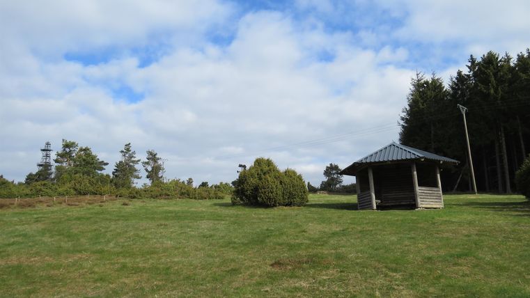Eine ruhige Wiese mit einem Pavillon und vereinzelten Bäumen. Der Himmel ist teilweise bewölkt, und das Gras ist grün.