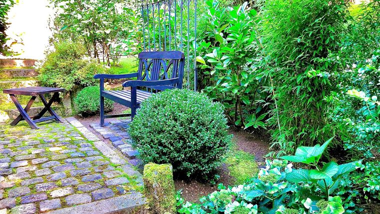 A cozy garden with a bench and many green plants. The paved path and the table create an inviting atmosphere.