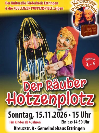 Ein Plakat für ein Puppenspiel mit dem Titel "Findus und der Hahn im Korb". Es zeigt einen bunten Handpuppen und informiert über die Veranstaltung am 17.11.2024 im Gemeindehaus Ettringen.