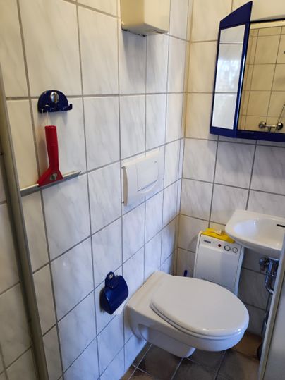 Ein kleines Badezimmer mit weißen Fliesen. Es ist ausgestattet mit einer Toilette, einem Waschbecken und einem Spiegel.