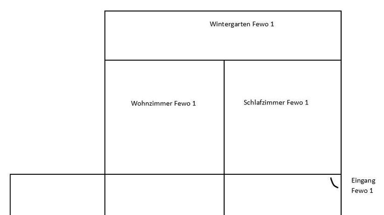 Ein Grundriss der Ferienwohnung 1 mit einer Fläche von 80 qm. Die Räume sind klar strukturiert, einschließlich Wohnzimmer, Schlafzimmer, Küche und Badezimmer.