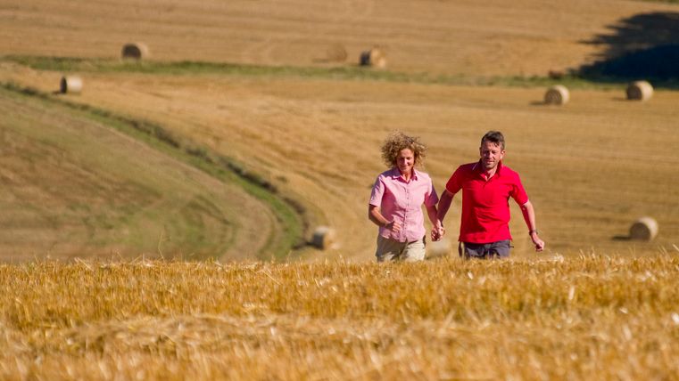 A couple walks hand in hand through a golden field with hay bales in the background.